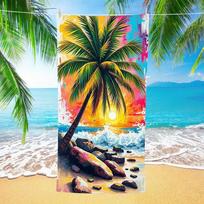Tropical Hut Coconut Tree Print Beach Towel, Oversized Sandproof Towel for Adults Swimming Pool Camping Use 130x80cm blue