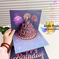 Innovative 3D Stereo Birthday Card with Fireworks Sound and Music Light Effects blue