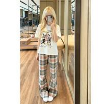 Rainbow plaid pants retro vintage lazy wind summer straight micro-pull casual loose versatile women's trousers M beige