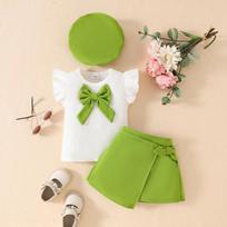 2025 Summer Toddler Girl Big Bow Beret & Sleeveless Top with Tie-Up Skirt Set 6-9 Months žalia