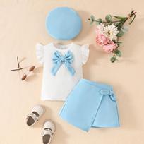 2025 Summer Toddler Girl Big Bow Beret & Sleeveless Top with Tie-Up Skirt Set 3 Years dangaus mėlyna spalva