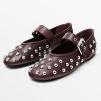Bordo spalvos minkštos odos balerinos moterims Madingi Mary Jane batai su metalinėmis kniedėmis Elegantiška sagtimi Dizainerio batai 39 vyno raudonos spalvos