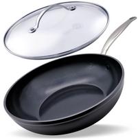 GreenPan Barcelona Pro Grade 28cm Wok Pan, Black, with Lid, Authentic Ceramic, IH and Gas Stove Compatible. black