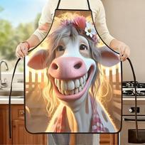 Cow Smile Funny Print Apron, Kitchen Baking Catering Service Apron, Washable & Easy To Clean 38x47cm white
