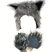 Grey Werewolf Paw Mitten Fluffy Texture Halloween Costume Gloves  Carnival Party Hat Gloves Set gray