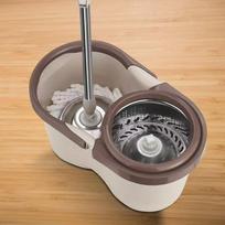 Sturdy Hands-Free Spin Mop & Bucket Set with Automatic Dehydration Bucket + Handle + Plastic Basket + 2 Cotton Heads gray