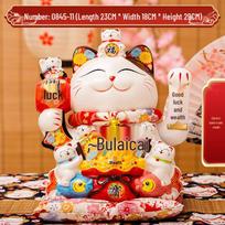 Didelis baltas keramikinis Maneki-neko su elektriniu mojuojančiu delnu - Aštuonių krypčių turtą pritraukianti laiminga katė, dekoracija, dovana