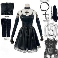 Women's Japanese Anime Cosplay Misa Amane Dress with Lace Trim Gothic Style Costume Imitation Leather Sexy Dress Halloween L&Death Note black