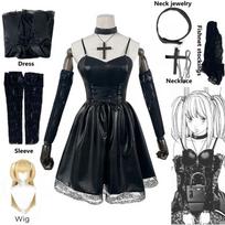 Women's Japanese Anime Cosplay Misa Amane Dress with Lace Trim Gothic Style Costume Imitation Leather Sexy Dress Halloween M&Death Note black