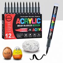 Black Acrylic Paint Pens 12 Pack Soft Brush Tip Acrylic Paint Markers Waterproof Art Markers for Wood Metal Ceramic Fabric Stone Egg Rock juoda