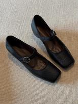 Black versatile genuine leather single-strap Mary Jane shoes for women, French innerwear ballet-style square-toe flats 35 juoda
