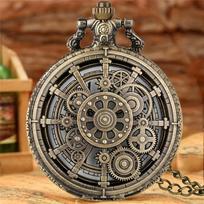 Vintage Hollow Steampunk Gear Design Quartz Pocket Watch with Necklace Pendant World-Time Feature Pointer Display Pocket Watch black