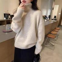 Women's Autumn Winter Lazy Style Thick Cashmere Sweater Women Turtleneck Pullover Tops Solid Warm Lazy Loose Knitted Casual Base Jumper XS smėlis