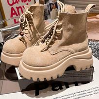 Martin boots matte lace-up fringed retro big head locomotive boots super foreign style short boots Spice girl style small women's shoes 40 beige