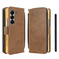 Aukščiausios kokybės odinis RFID atverčiamas dėklas, skirtas Samsung Z Fold 8 Ultra 7 6 5, su užtrauktuku, piniginė, kortelių laikikliai, ekrano stiklo apsauga, lietimui jautrus rašiklis Galaxy Z Fold 8 Ultra brown