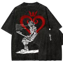2026 summer Kingdom Hearts Sora Dual Sided Washed T-shirt Heart Crown Keyblade Anime Print Oversized Cotton Tee For Otaku Fans 100 black
