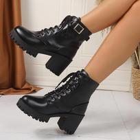 Women Plus Size High Heel Martin Booties Black Round‑Toe Block Heel Lace‑Up Leather Ankle Boots 42 black