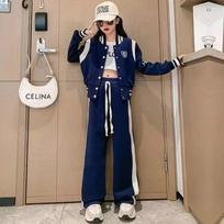 Girls' Spring and Autumn Jackets, Baseball Uniforms, Wide-leg Pants, Two-piece Suit 160 gray