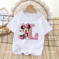 Disney Mickey Minnie Mouse Kids Cotton T-Shirts Anime Cartoon Printed Letter Tops Summer Pullover Casual Children Clothes Gift 150 beige