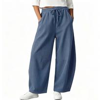 Women Corduroy Barrel Pants Elastic Waist Wide Leg Trousers Baggy Pant with Pockets Women's Casual Pants Comfy M white