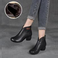 Women Boots Spring and Autumn Handmade Retro Womens Shoes Thick Heel Short Boots Medium Heel Genuine Leather Ankle Shoes 37