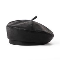 Face small hat beret women's autumn and winter small head circumference pu leather niche British retro black bud hat one size (54-58cm) juoda
