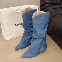 Pleats Blue Denim Thigh High Boots for Women 2025 Autumn Thick Heeled Pointed Toe Cowboy Boots Woman Slip On Western Long Boots 39 tamsiai mėlyna spalva