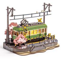 ROBOTIME 3D Wooden Puzzle Cherry Blossom Train LED Light Assembly Kit DIY Craft Mechanical Model Japanese Interior Toy Leisure Educational Children