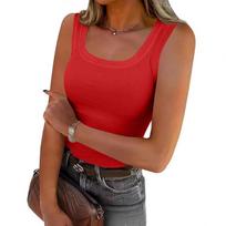 Women’s Square Neck Sleeveless Tank Top Casual Ribbed Knit Basic Vest for Layering or Standalone Wear M red