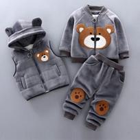 Autumn Winter Baby Boys Clothes Sets Thick Fleece Cartoon Bear Jacket Vest Pants 3Pcs Sport Suit for 1-4Years Girls Warm Outfits 90 gray