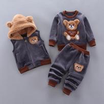 Autumn Winter Baby Boys Clothes Sets Thick Fleece Cartoon Bear Jacket Vest Pants 3Pcs Sport Suit for 1-4Years Girls Warm Outfits 100 gray