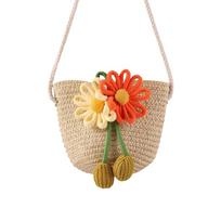 Sweet Straw Woven Children's Messenger Bag Zipper Lightweight Coin Purse Kids Shoulder Bag chaki