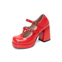 FOREADA Women Patent Leather Mary Janes Pumps Round Toe Thick High Heels Buckle T-Tied Platform Ladies Fashion Shoes Sping Autumn 45 39 red
