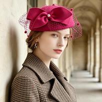 Elegant Bow Fedora Hat French Style Woolen Beret Teardrop Hat Pillbox Hat  Ball rožinė raudona spalva