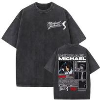 King of Pop Michael Jackson Bad Era Vintage Washed T-shirts Men Women Gothic Hip Hop Street T Shirts Cotton Casual Loose T-shirt 140 gray