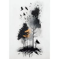 Minimalistinis Juodai Baltas Kalnų Medžių Varnos Kraštovaizdžio Plakato Spaudinys Drobės Tapyba Abstraktaus Sienos Meno Svetainės Namų Dekoras 40cm×60cm NoFrame black