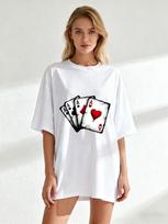Oversized T Shirt Black Four Aces Playing Cards Print Casual Streetwear Fashion Top For Women Summer Outfit XXXXL balta