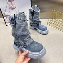 Moteriški apvalaus priekio kaubojiški batai Madingi Storas Padas Šoninis Užtrauktukas Moteriški Laisvalaikio Ankle Boots Trendiški Klasikiniai Kaubojiški Platforminiai Batai 40 mėlyna