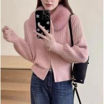 Women Lazy Style Double Zip Knit Cardigan Fur Collar Striped Sweater Coat One size rožinė