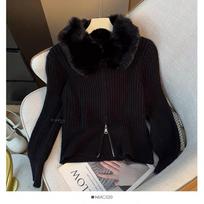 Women Lazy Style Double Zip Knit Cardigan Fur Collar Striped Sweater Coat One size juoda