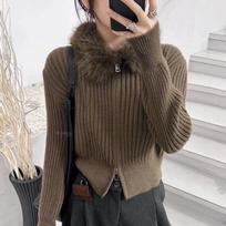 Women Lazy Style Double Zip Knit Cardigan Fur Collar Striped Sweater Coat One size kava