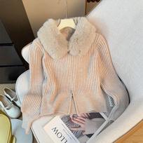 Women Lazy Style Double Zip Knit Cardigan Fur Collar Striped Sweater Coat One size abrikosas