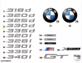 BMW F34 bagažinės dangtis 330d emblema emblema logotipas ženklas originalus 51147351954