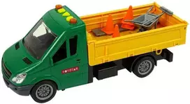 Kelio darbų automobilis su kelio ženklais ir priedais
