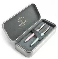 Parker Jotter Originals Rožinė ir Pastel Mėlyna Tušinukų dovanų rinkinys su metaliniu dėklu