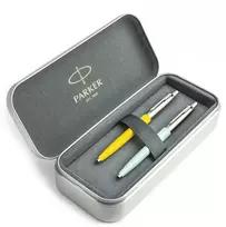 Parker Jotter Originals Geltona ir Pastel Mėlyna Tušinukų dovanų rinkinys su metaliniu dėklu