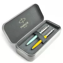 Parker Jotter Originals Mint ir Geltona Tušinukų dovanų rinkinys su metaliniu dėklu