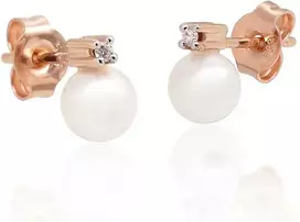 Auksiniai auskarai vinukai, Raudonas Auksas, Briliantai , Perlai - 1.41 g. - 8 mm. - Briliantai (0,04Ct), Perlai