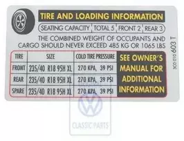 Vag Skoda Octavia A4 A5 1999 2005 Informacinis Lipdukas Padangų Slėgis Originalus 3C0010603T