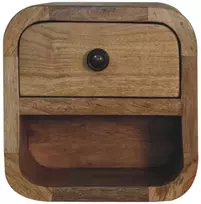 Artisan Furniture Itin kompaktiškas lenktas mango medienos naktinis staliukas su lentyna, ąžuolo atspalvio